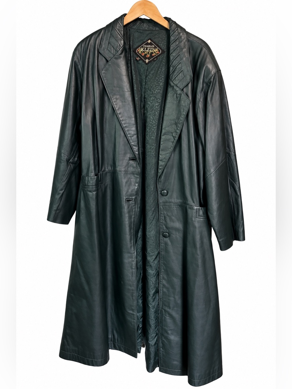 Vintage Charles Klein Dark Green Leather Long Coat 3X Oversized 90s